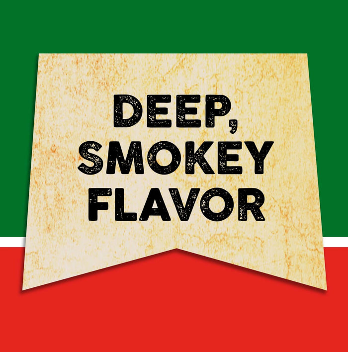 A vintage-style banner with the text Deep, Smokey Flavor in black.