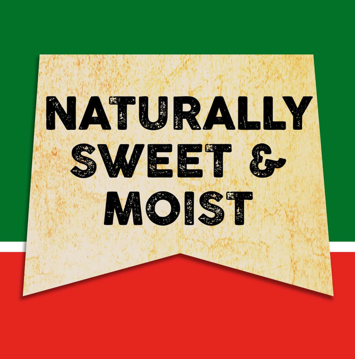A vintage-style banner with the text Naturally Sweet &amp; Moist in black.