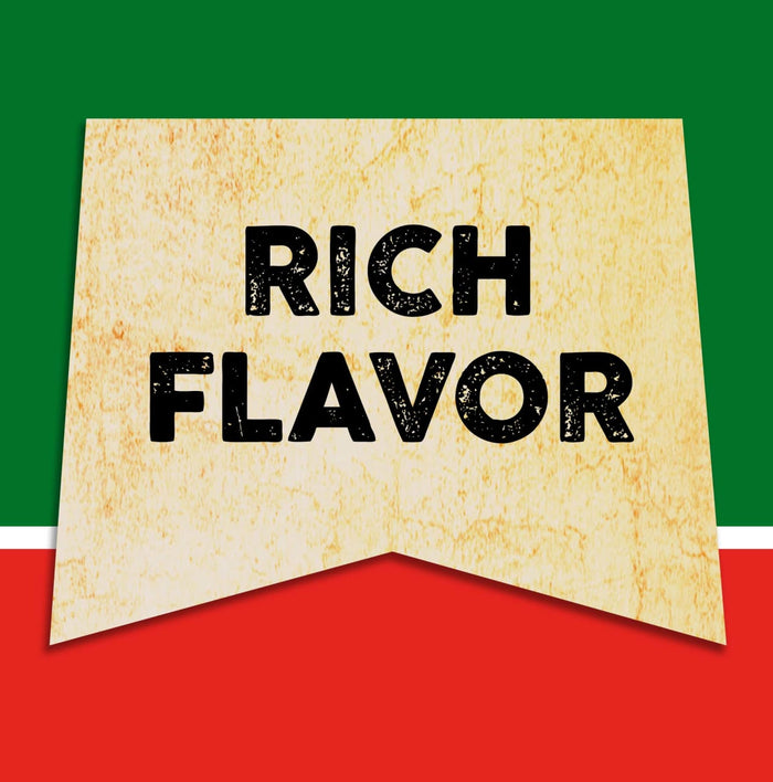A banner with a grunge texture reads Rich Flavor in black text.