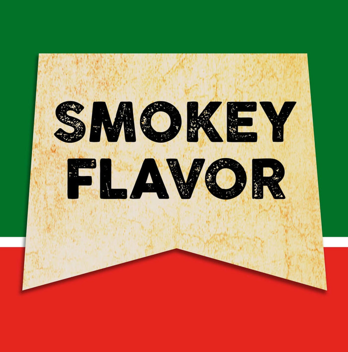 A vintage-style banner with the text Smokey Flavor in black.