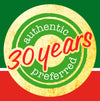 A logo with a green circle with the words authentic and preferred around a yellow circle with the words 30 years in red.