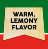 A banner with a vintage texture reads Warm, Lemony Flavor in black text.
