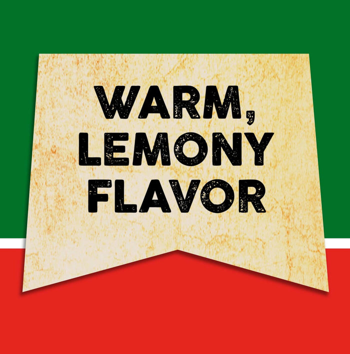 A banner with a vintage texture reads Warm, Lemony Flavor in black text.