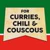 A vintage-style sign with the words For Curries, Chili &amp; Couscous in black text on a yellow background.