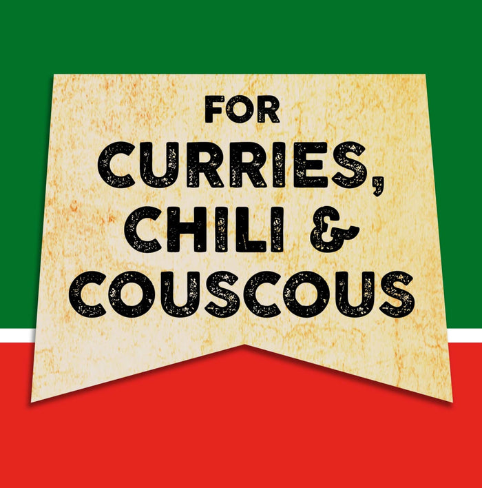 A vintage-style sign with the words For Curries, Chili &amp; Couscous in black text on a yellow background.