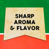 A vintage-style banner with the text Sharp Aroma &amp; Flavor on a yellow background.