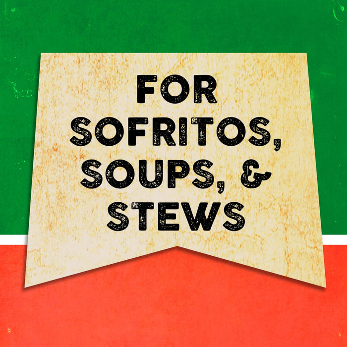 A vintage-style banner with the text FOR SOFRITOS, SOUPS, &amp; STEWS in black lettering on a yellow background.