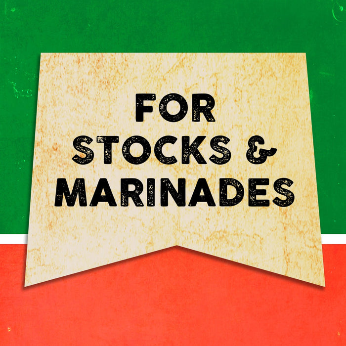 A vintage-style banner with the text FOR STOCKS &amp; MARINADES on a yellow background.