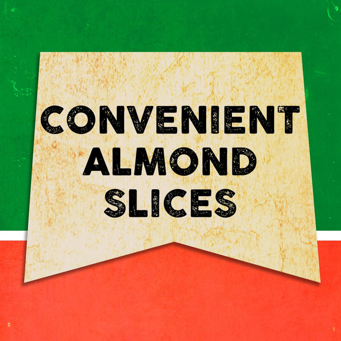 A vintage-style sign with the words Convenient Almond Slices on it.