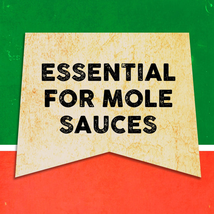 A vintage-style banner with the text Essential for Mole Sauces in black on a yellow background.