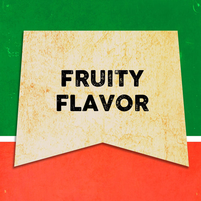 A vintage-style banner with the text FRUITY FLAVOR on a yellow background.