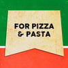 A vintage-style banner with the words For Pizza &amp; Pasta in black text on a yellow background.