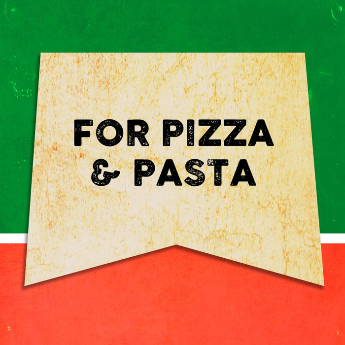 A vintage-style banner with the words For Pizza &amp; Pasta in black text on a yellow background.