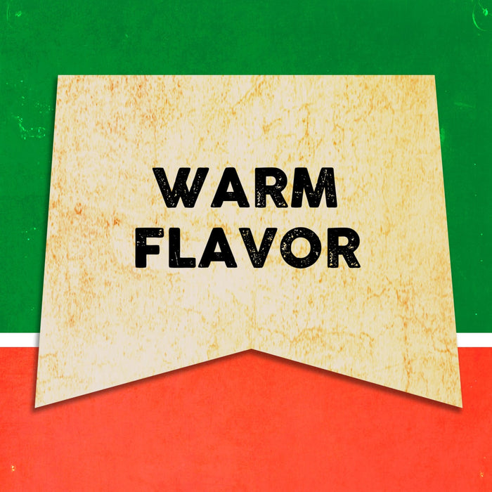 A vintage-style banner with the text Warm Flavor on a yellow background.