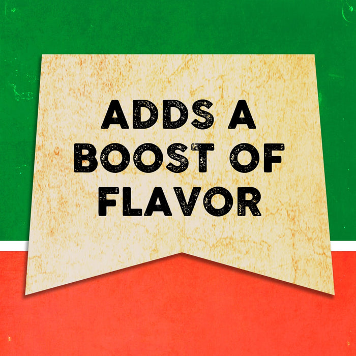A banner with a vintage look reads Adds a boost of flavor in black text on a yellow background.