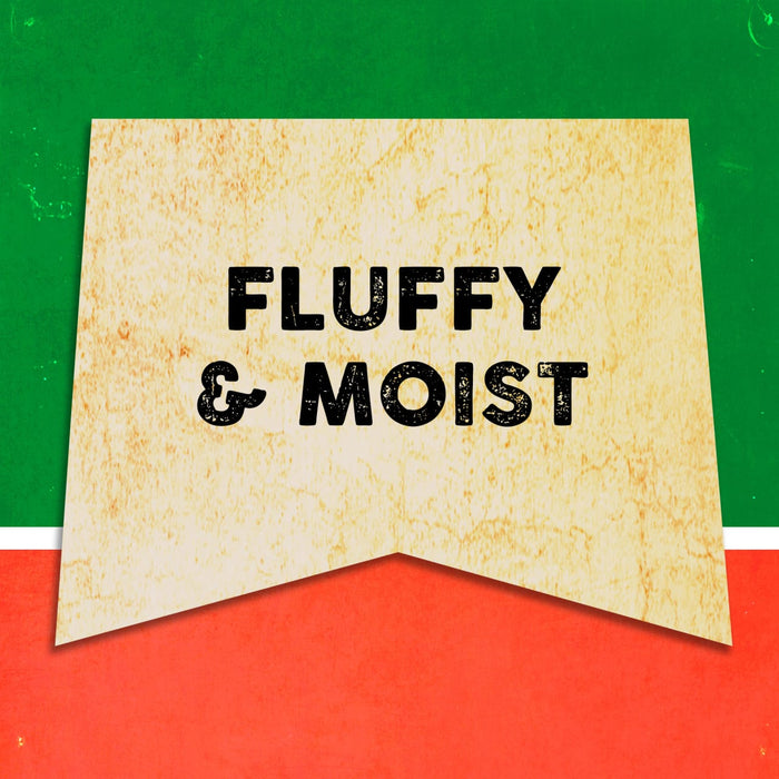 A vintage-style banner with the words Fluffy &amp; Moist in black text.