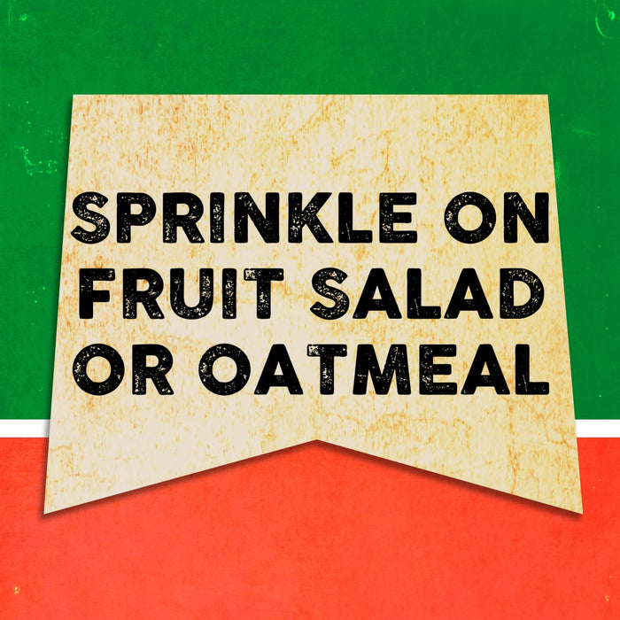 A vintage-style sign with the text Sprinkle on fruit salad or oatmeal.
