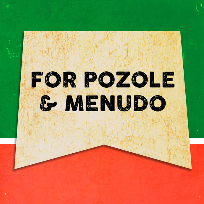 A vintage-style sign with the text FOR POZOLE &amp; MENUDO on a yellow background.