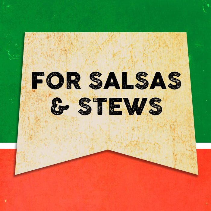 A vintage-style banner with the text FOR SALSAS &amp; STEWS in black lettering on a yellow background.