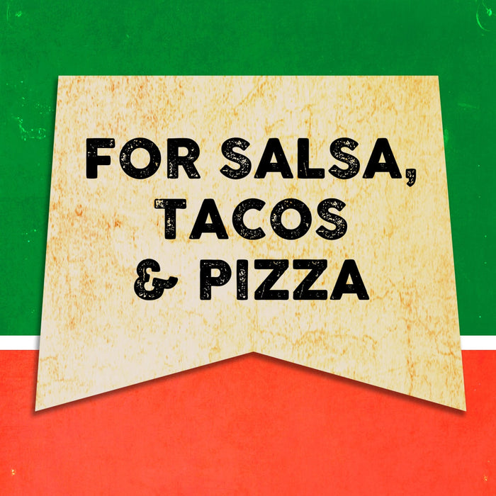 A vintage-style sign with the text For Salsa, Tacos &amp; Pizza on a yellow background with a green and red border.