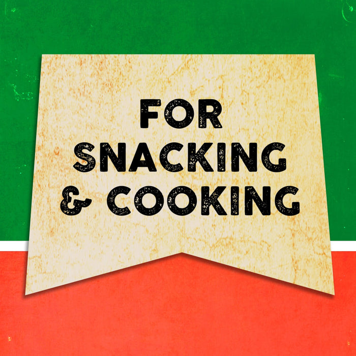 A vintage-style banner with the text FOR SNACKING &amp; COOKING on a yellow background.