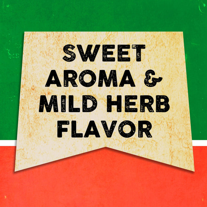 A vintage-style banner with the text Sweet Aroma &amp; Mild Herb Flavor.
