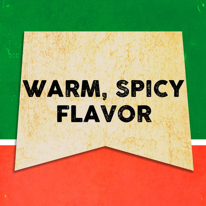 A vintage-style banner with the text Warm, Spicy Flavor on a yellow background.