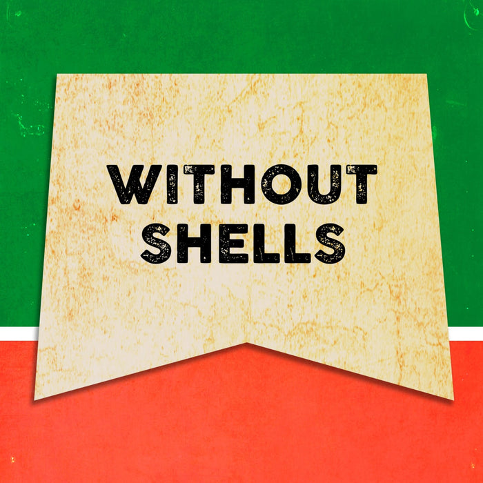 A vintage-style banner with the text WITHOUT SHELLS on a yellow background.