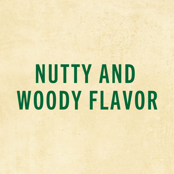 The text Nutty and Woody Flavor is written in green on a beige background.