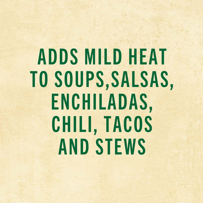 Text on a beige background that reads: Adds mild heat to soups, salsas, enchiladas, chili, tacos and stews.
