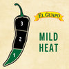 An illustration of a green chili pepper with a scale of heat levels labeled 1, 2, and 3, with the text El Guapo Mild Heat above it.