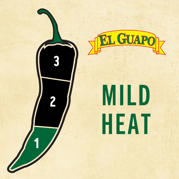 An illustration of a green chili pepper with a scale of heat levels labeled 1, 2, and 3, with the text El Guapo Mild Heat above it.