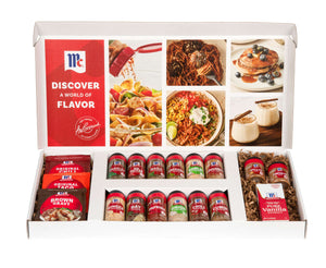 This Dtc Bundle Images Created By Cpgio features a McCormick gift box filled with a variety of seasonings including Original Chili, Taco, and Brown Gravy packets alongside jars of Parsley, Red Pepper, Basil, Oregano, Garlic Powder, Cinnamon, Ginger, Bay Leaves, Paprika, Onion Powder, Chili Powder, Cumin, Apple Pie Spice, Pumpkin Pie Spice, and Pure Vanilla Extract.