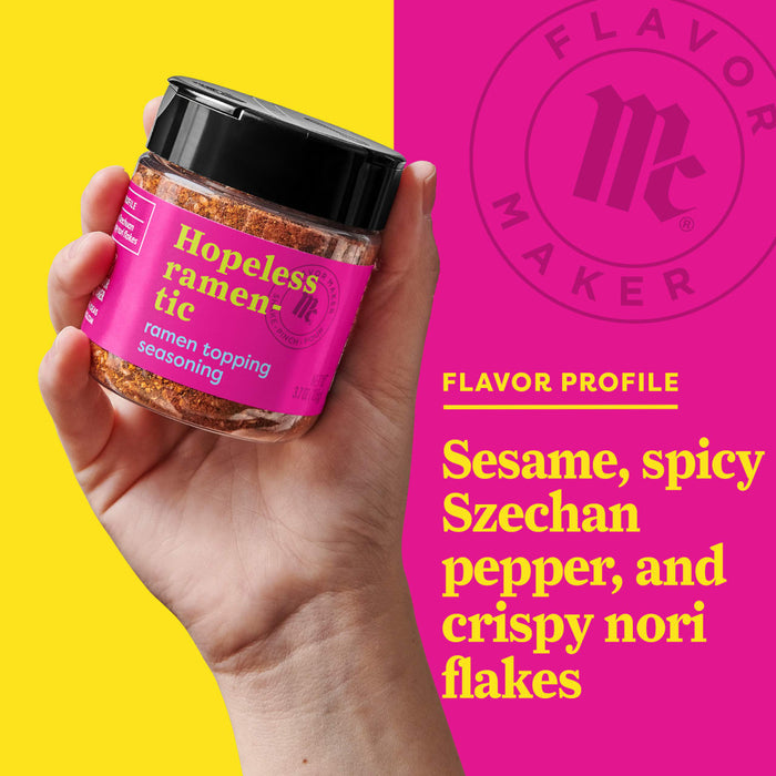 A hand holds a jar of Flavor Makers Hopeless Ramen-tic seasoning, with the flavor profile listed on the right.