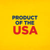 The text Product of the USA is displayed in blue and red on a yellow background.