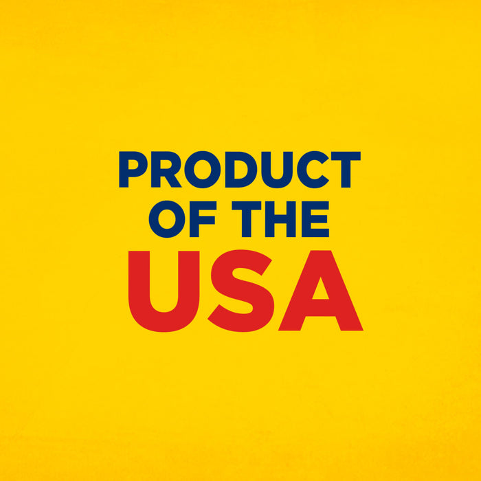 The text Product of the USA is displayed in blue and red on a yellow background.