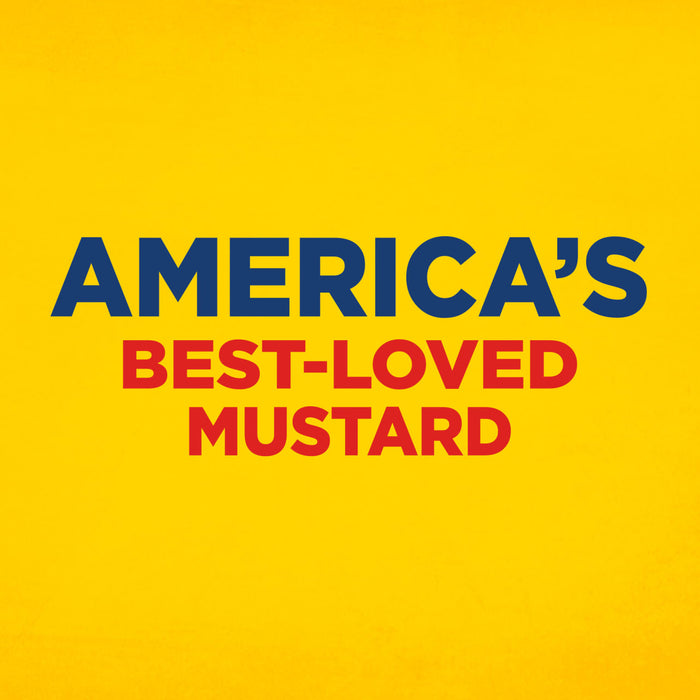 This image displays the text AMERICA\'S BEST-LOVED MUSTARD in blue and red against a yellow background.
