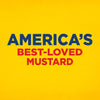 This image displays the text AMERICA\'S BEST-LOVED MUSTARD in blue and red against a yellow background.