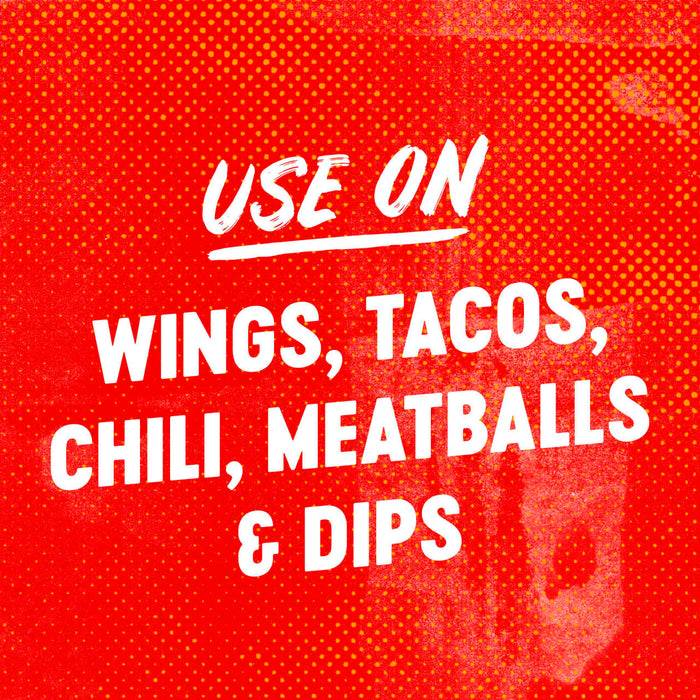 White text on a red background with orange dots says Use on wings, tacos, chili, meatballs &amp; dips.