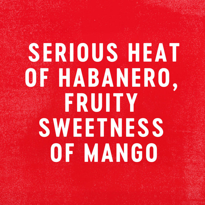 White text on a red background reads Serious heat of habanero, fruity sweetness of mango.