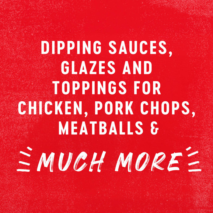 White text on a red background reads Dipping sauces, glazes and toppings for chicken, pork chops, meatballs &amp; much more.