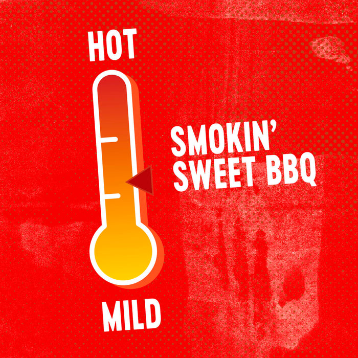 A thermometer with a red arrow pointing to the middle of the scale with the words HOT at the top and MILD at the bottom and the text SMOKIN SWEET BBQ to the right