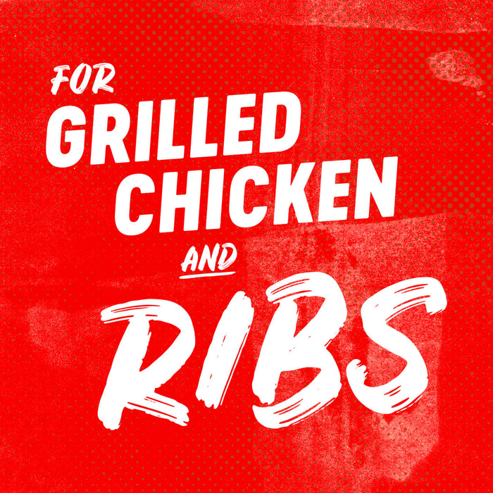 A red background with white text that says For Grilled Chicken and Ribs.
