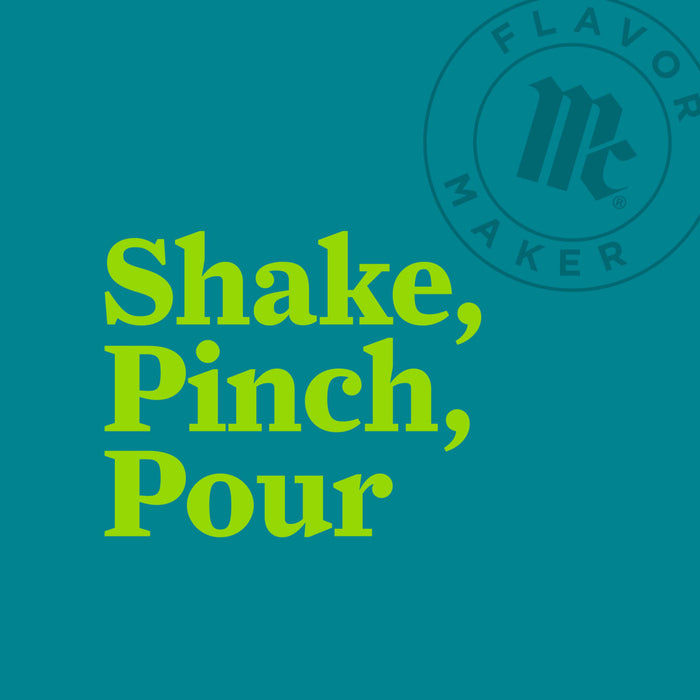 A green logo for Flavor Maker with the text Shake, Pinch, Pour underneath.