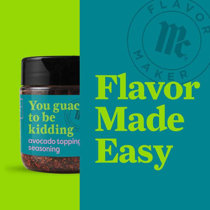 A jar of Flavor Maker avocado topping seasoning with the Flavor Maker logo in the background.