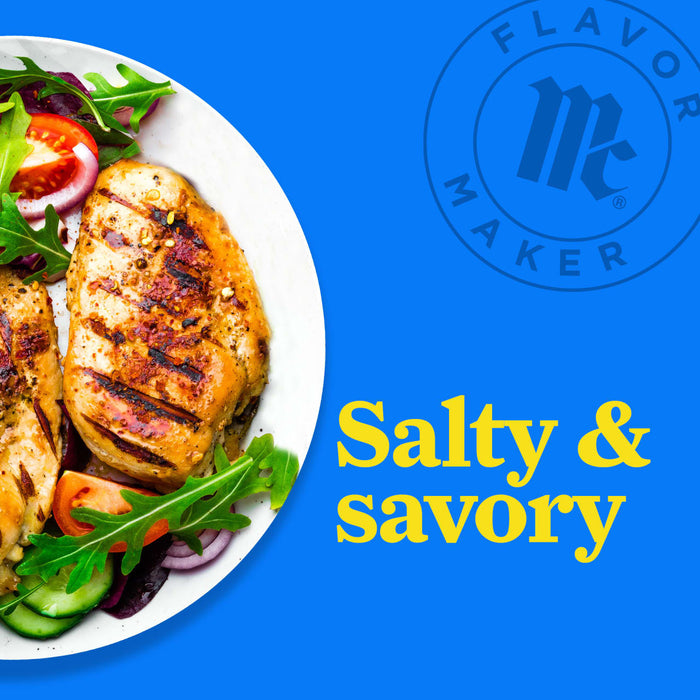 A plate of grilled chicken with vegetables and the Flavor Maker logo with the text Salty &amp; Savory.