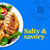 A plate of grilled chicken with vegetables and the Flavor Maker logo with the text Salty &amp; Savory.