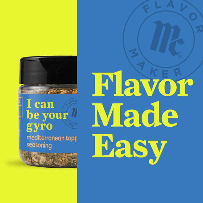 A jar of Flavor Maker Mediterranean Gyro seasoning with the brand logo and the text Flavor Made Easy.