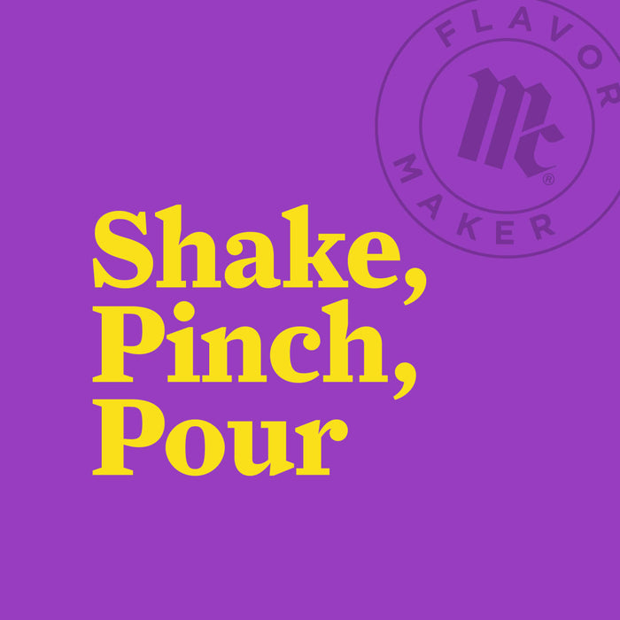 A yellow text on a purple background that says Shake, Pinch, Pour with the Flavor Maker logo in the top right corner.