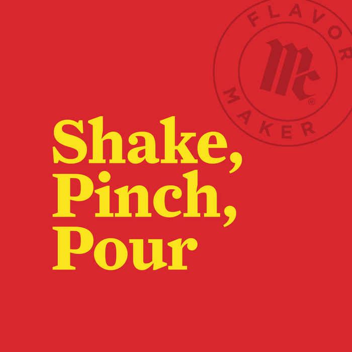 A yellow text on a red background that says Shake, Pinch, Pour with the Flavor Maker logo in the top right corner.